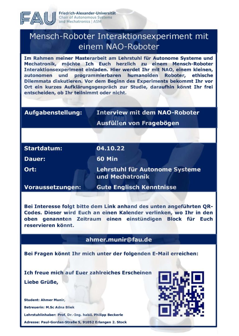 Möglichkeit zur Studienteilnahme: Mensch-Roboter Interaktionsexperiment mit einem NAO-Roboter