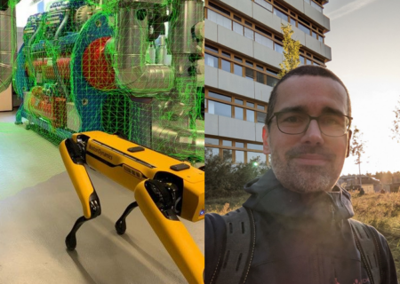 on the left side, a yellow robot is walking through a storage room. On the right, Philipp Beckerle is looking into the camera, he is wearing glasses and a scraf, in the background we can see a tall building a bit of the sun